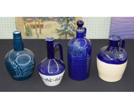 Royal Doulton 'Seagers Special Dry Gin' flagon with stopper, 9.5" high, together with two other stoneware jugs in a typical b