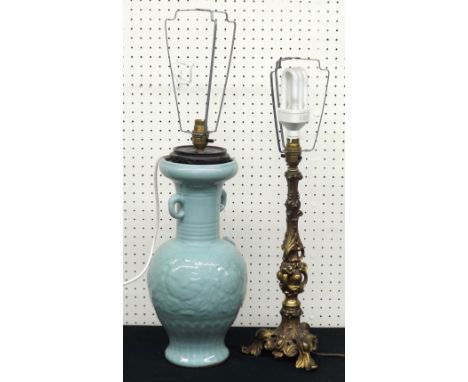 Chinese celadon porcelain twin-handled vase converted into a lamp base, 16" high; together with a relief moulded brass tripod