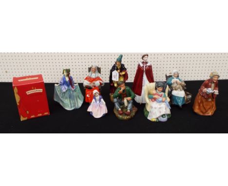 Assorted Royal Doulton porcelain figures including The Pied Piper H.N 2102, Sweet Anne, The Judge H.N 2443, Nanny H.N 2221, D