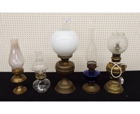 Five assorted vintage brass and glass oil lamps, two with globular shades, tallest 20" (5)