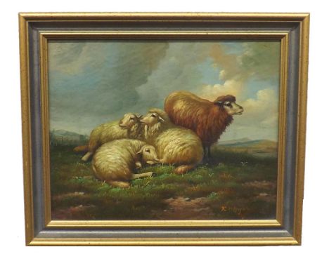 R* Meyer (20th century) - Sheep on a hillside, signed, oil on board, 8" x 10"