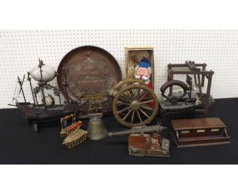 Mixed metalware items, to include post office scales and quantity of weights, brass flat irons, scale cannon models, mantel c