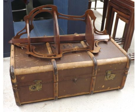 Art Nouveau style three tier corner wall shelf, 34.5" high; together with a vintage travel trunk (2)