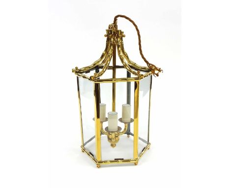Decorative brass faux bamboo design hexagonal hall lantern, 15" high