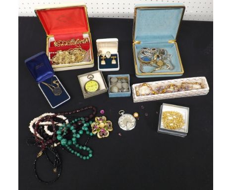 Small assortment of costume jewellery to include bead necklaces, jade necklace, cufflinks, ladies wristwatches to include two