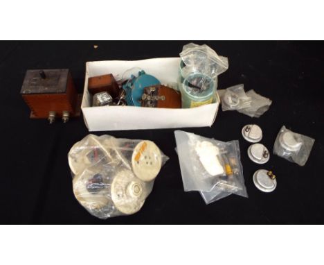 Box of vintage electrical components to include microphone inserts, sounder box, relay tpe switch and box, capacitors, and ai
