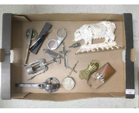 Interesting assorted metal items to include; painted cast iron pig/butchers stand, folding campaign cutlery within leather ca