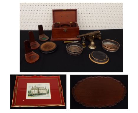 Assorted items, including an oval tray with piecrust moulded rim, painted tray with inset with a print, rectangular tea caddy