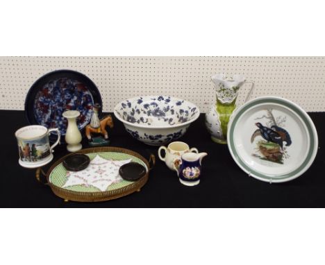 Portmeirion floral basin, 13" diameter; Italian signed water jug, oval gilt metal mounted porcelain drinks tray, Oakley Fine 