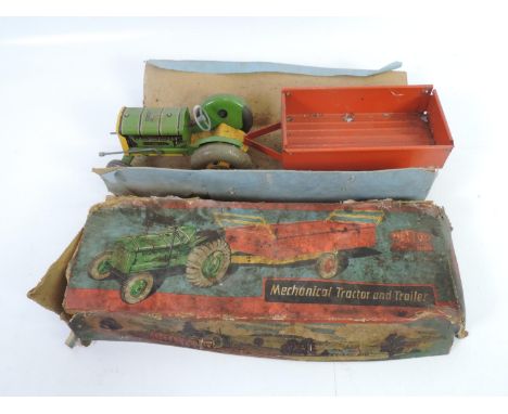 Tin Plate Mettoy Mechanical Tractor and Trailer with Box 