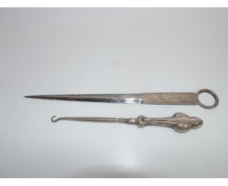 Silver Plated Meat Skewer and a Silver Handled Button Hook 