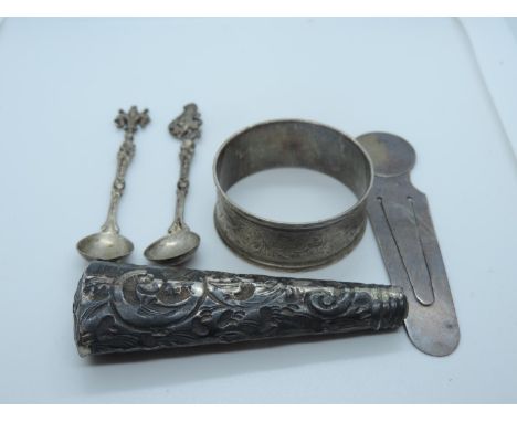 Quantity of Silver - Chester Bookmark, .800 Silver Spoons and Chester Napkin Ring etc 