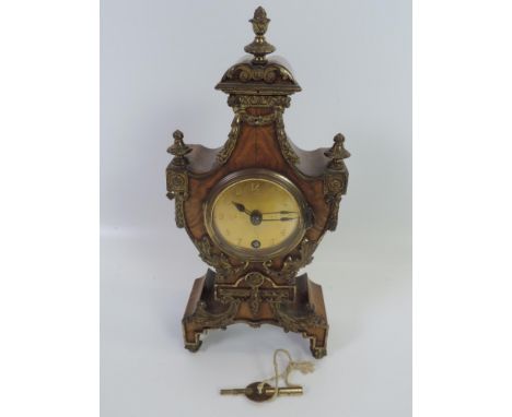 Burr Walnut Brass Faced Mantel Clock with Key 