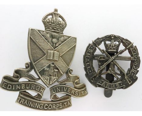 Small Arms School Corps cap badge and an Edinburgh University Training Corps (TA) cap badge (2). P&amp;P Group 1 (£14+VAT for