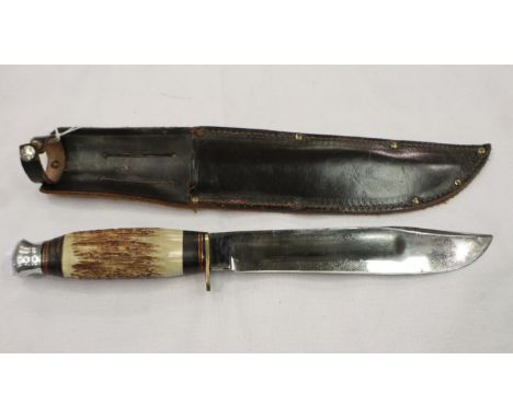 J Nowill and Sons Sheffield Bowie knife with antler grip and leather sheath. P&amp;P Group 2 (£18+VAT for the first lot and £