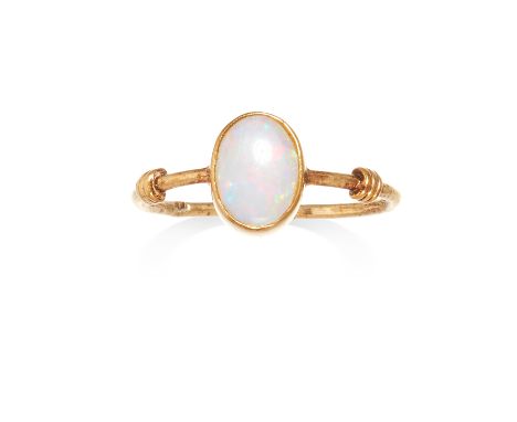 AN OPAL DRESS RING in yellow gold, the oval cabochon opal set to a plain band, unmarked, K / 5, 1.05g.