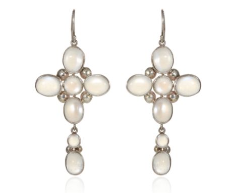 A PAIR OF MOONSTONE CROSS EARRINGS in sterling silver, each set with seven cabochon moonstones with articulated drops, 6cm, 1