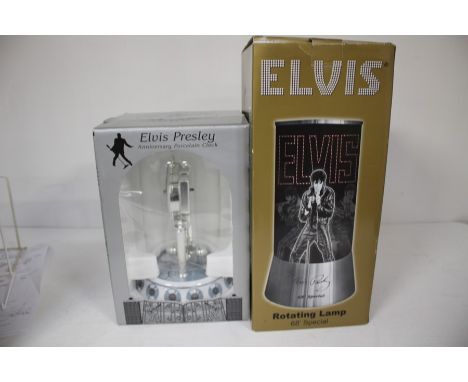 Elvis Presley Anniversary Porcelain Clock And Elvis Presley 68 Special Rotating Lamp. Both in original boxes and both boxes s