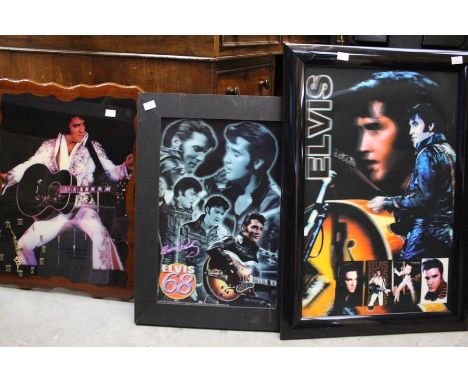  Two Holographic Elvis Pictures And A Elvis Wall Clock Plus Elvis Printed Canvas
