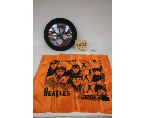 The Beatles vintage money box with calendar - a wall clock   silk scarf and a Beatles puzzle 