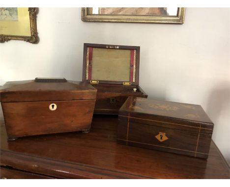 Three 19th c boxes inc. tea caddy, sewing box etc.