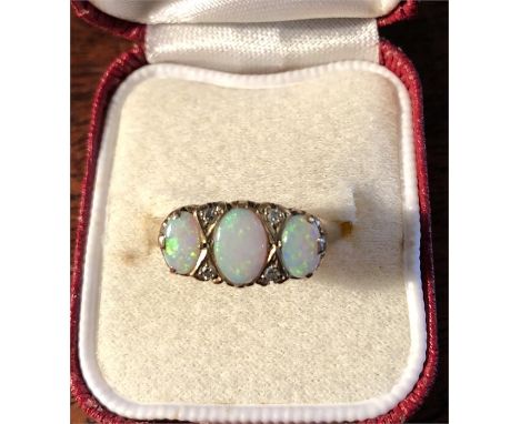 Good 9ct gold opal and diamond ring size U