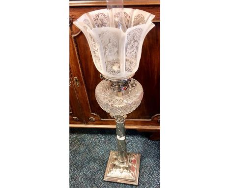 Fine quality silver plated corinthian column oil lamp by Thos. Bradbury & Sons the frosted shade cracked and chipped otherwis