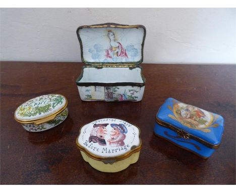 Three enamel boxes and 1 porcelain inc. Before and After marriage and a good 18thC  snuff box all damaged