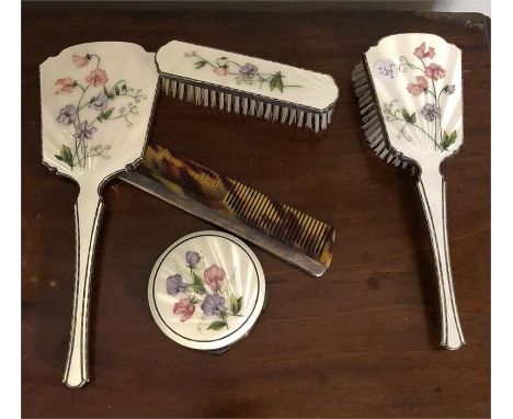 Silver mounted & enamel dressing table set Barker Ellis Silver Co. 1964 comprising mirror, 2 brushes, comb and compact good c