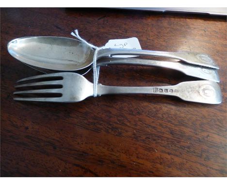 Two silver dessert spoons & 1 fork by Ely & Fearn with "Hand of Friendship" crest