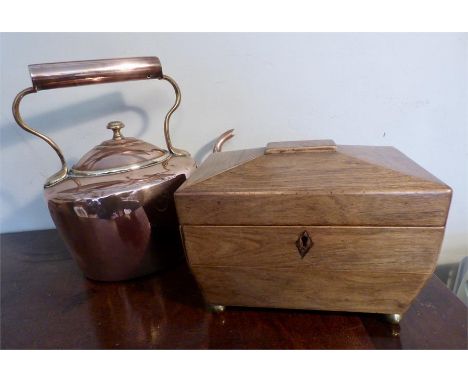 Mahogany tea caddy and a copper kettle both early 19thC, caddy with split to inner lid