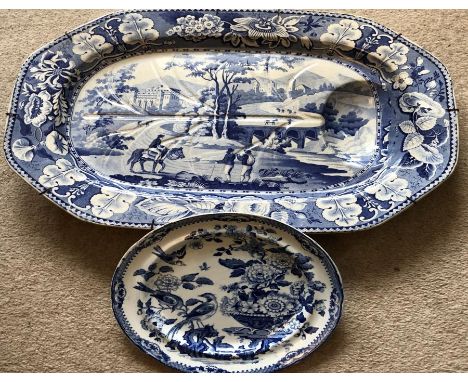 Good mid 19thC blue & white platter with similar plate