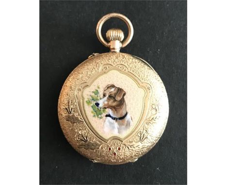 Superb 14ct gold and enamel ladies fob watch with portrait of a dog (going)