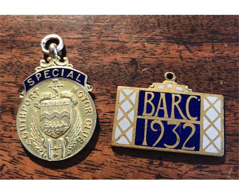 Brooklands Automobile club badge with a 9ct gold Southport Motor Club medal 12gms