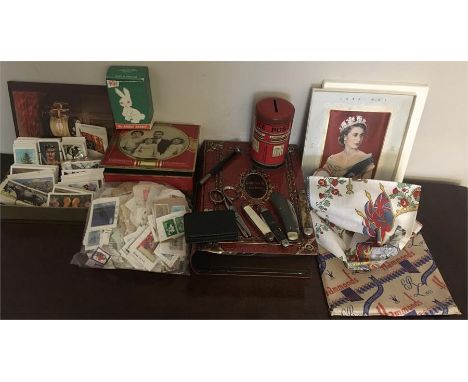 Miscellany inc. vintage tins, cigarette cards, stamps etc.