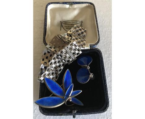 Silver bracelet and Norwegian silver and enamel brooch and earrings 