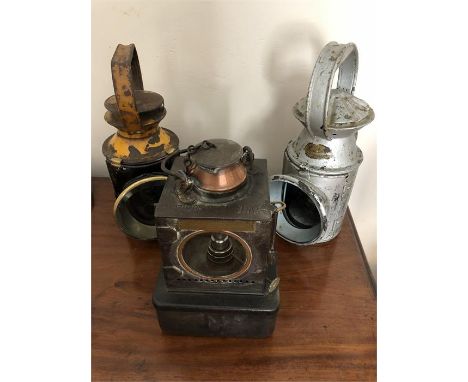 Three vintage railway lamps BR colour light, LNER Signal light and another colour light.