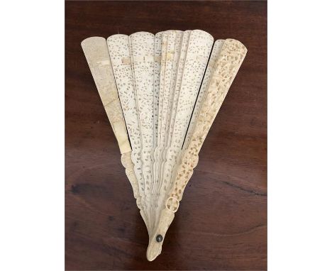 Good quality Cantonese 19thC ivory brisé fan lacking ribbon 1 stick repaired with MOP