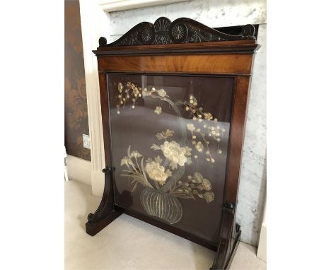 19th C mahogany fire screen with needlework panel 87 cm high 62 w