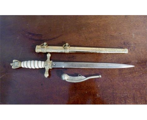 Nazi naval officers dagger in original brass scabbard, the blade etched Paul Weyersberg Solingen 25 cm long total