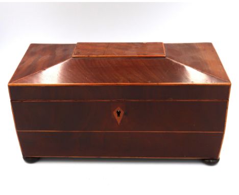 A mahogany and inlaid sarcophagus shaped tea caddy and one smaller, 29.5cm x 14cm x 17cm high