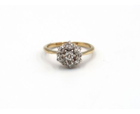 An Edwardian 18ct yellow gold Old Mine cushion cut diamond cluster ring, head size approx.10mm dia, Size K