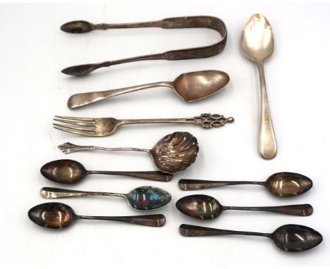A pair of Georgian silver hallmarked sugar nips, two teaspoons, strainer, spoon and fork, 6 teaspoons, approx 4.95 troy oz