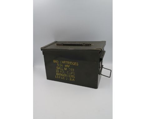 A U.S. Marine 5.56mm Ammunition case. 18cm high x 30cm long x 16cm wide.