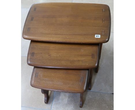 Ercol Chantry solid Elm nest of three tables in dark finish. 57cm x 35cm x 42cm.