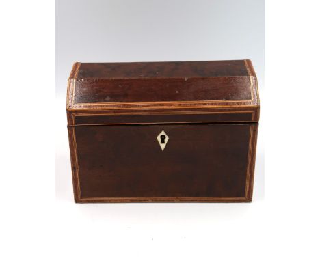 A yew and inlaid tea caddy and one smaller, 19cm x 10.5cm x 13cm high