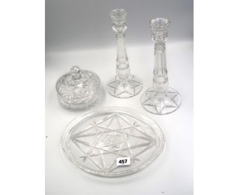 A pair of Stuart crystal candlesticks 25.5cm in height, a tray and a trinket pot
