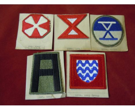 A collection of five American Patches  Army Group and Corps cloth patches, includes the 1st Army, 10th Army, 10th Corps, 8th 