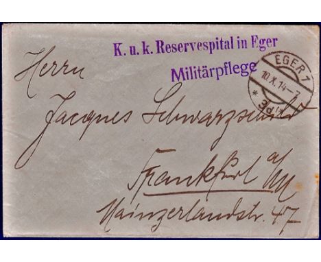 WWI Austro/Hungarian Envelope  Austrian military mark 'K.u.K. Reservspital in Eger Militarpflege' Dated 10/10/1914.  Clean it