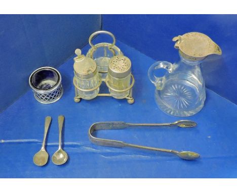 Vintage Silver - various  Sugar Tongs, Salt Pot and a silver (Birmingham) topped vinegar flask and silver topped (London) con